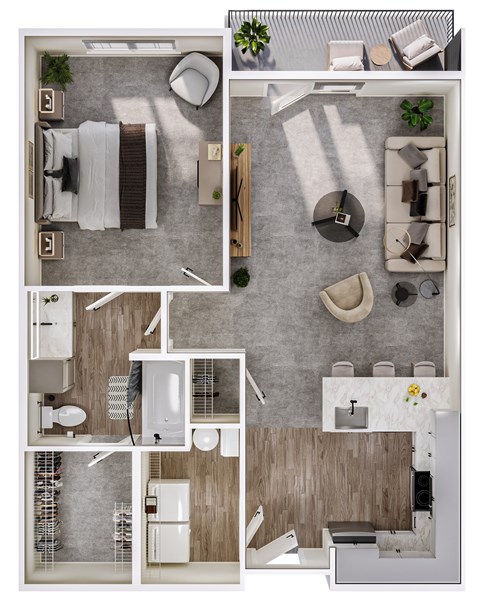 A top-down view of a modern apartment layout.